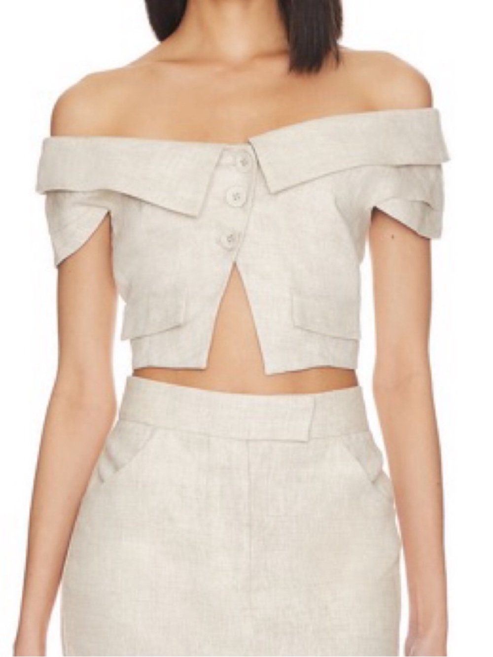 L’Academie Off-Shoulder Linen Crop Top